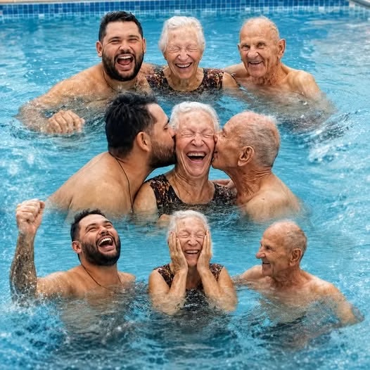 Caio com os avós na piscina
